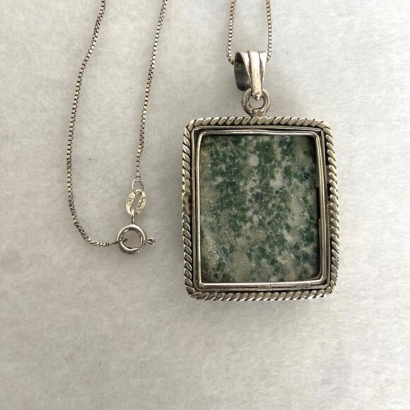 Sterling Silver 925 Bezel Set Tree Agate Rectangular Pendant Necklace 18.5" - Picture 13 of 16